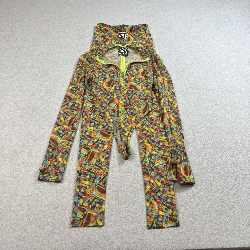 Shane Justin 2 Piece Set Womens XS Multicolor Money Print Mesh Bodysuit Leggings